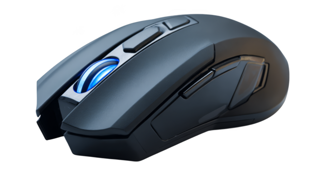 Close up view of a contemporary computer mouse an essential input device featuring a striking blue LED light that illuminates its ergonomic design on a dark surface.