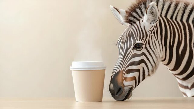 Zebra curiously interacts with coffee cup in minimalist setting