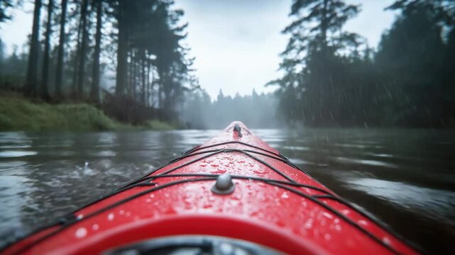 Adventurous kayaking journey through misty forested river in tranquil rain