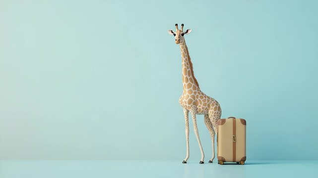Giraffe exploring with vintage suitcase against minimalist pastel background