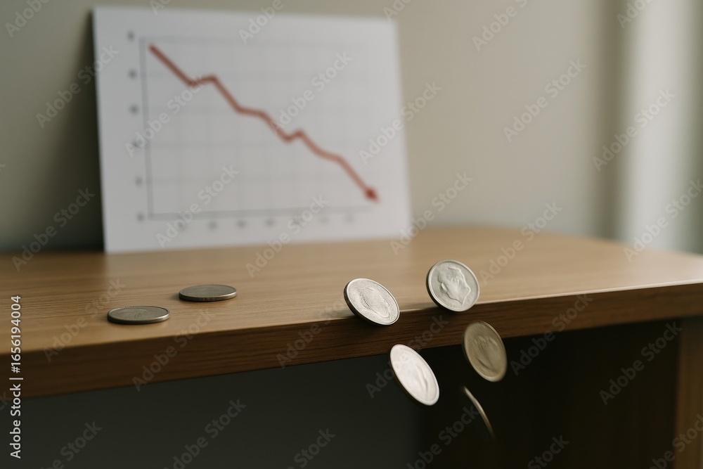 Aufkleber negative revenue rate concept. coins falling off a table with a declining graph in the background.
