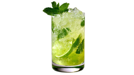 A close up studio shot of a tall clear drinking glass filled with a vibrant healthy green vegetable and fruit smoothie representing a detox and wellness lifestyle concept.