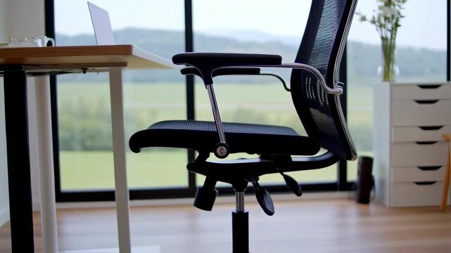Black mesh office chair next to a light wood desk