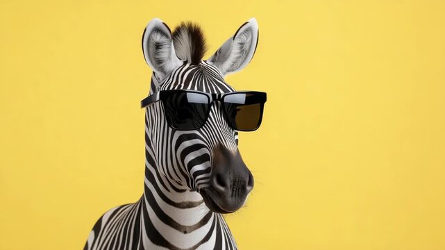 Stylish zebra with sunglasses strikes poses against yellow background