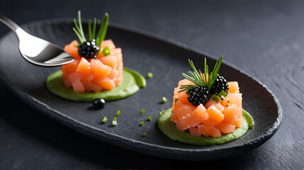 A close up on a taste of gourmet salmon tartare for catering with chives and caviar decorating on an elegant white spoon and presented on a black slate. with copy space image