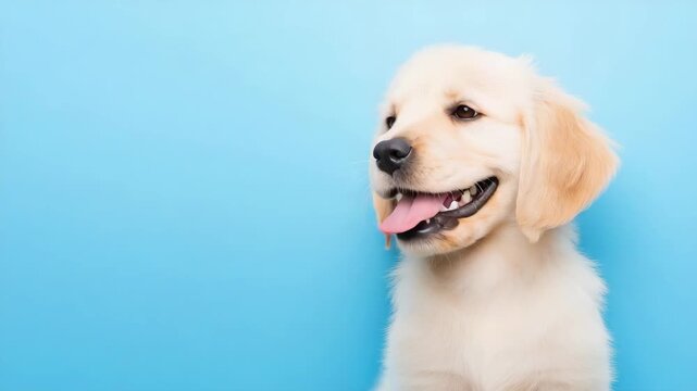 Playful golden retriever puppy expresses joyful smiles against a vibrant blue background