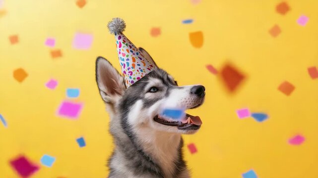 Energetic husky celebrates with colorful confetti against bright yellow backdrop