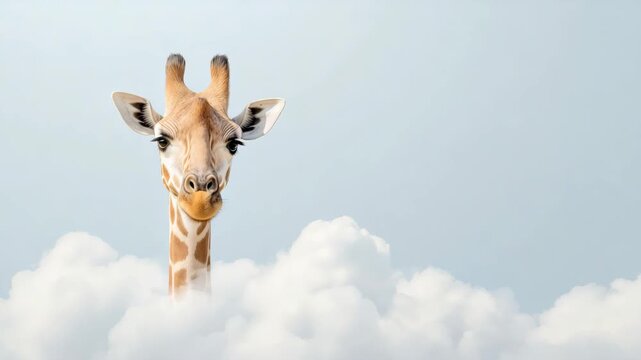 Curious giraffe emerges playfully through fluffy clouds against blue sky