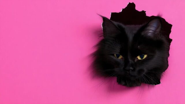 Curious black cat peeking through pink paper hole with playful expressions