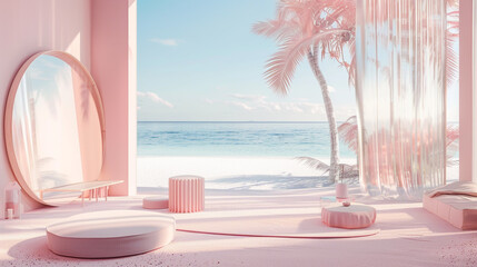 Contemporary pastel-toned beach imagery with clean design, featuring simple props, soothing textures, and calm seaside settings