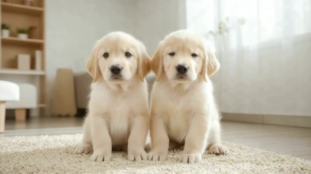 Adorable golden retriever puppies sitting on carpet in bright living room
