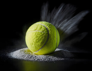 tennis ball on black background. concept photo of chalk dust from hitting the line, tennis ball on black background