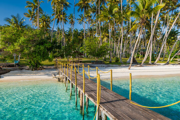 Paradise beach with palm trees, quiet blue sea and wooden pier on tropical island. Vacation place