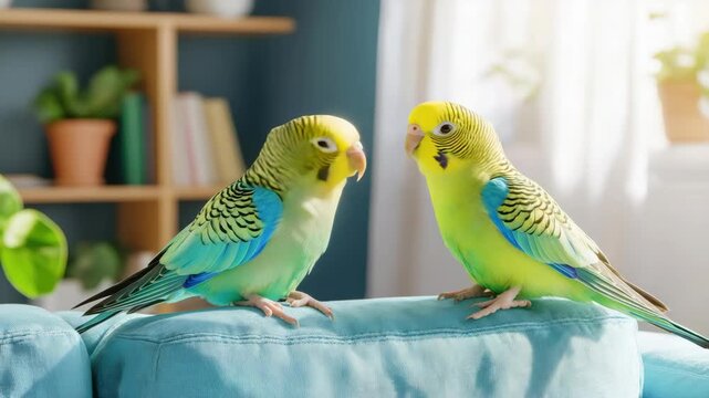 Budgerigars engaging on sofa in cozy living room setting