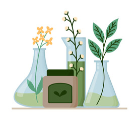 Glass laboratory beakers and flasks with green leaves and blossoms beside cosmetic jar isolated on white. Botanical skincare concept for natural, organic, vegan, eco friendly, clean beauty formulation