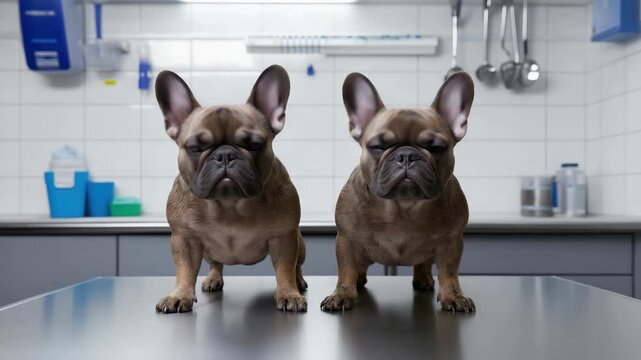 Curious bulldog puppies stand alert on veterinary exam table