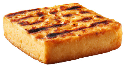 Detailed macro photograph of a single slice of overcooked toast with prominent dark black char marks from being burnt highlighting the abstract texture and pattern of the scorched surface.