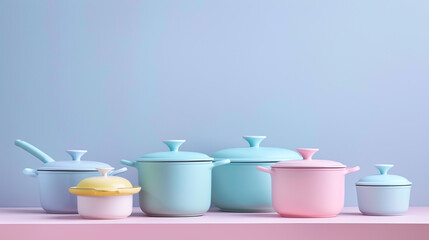 Fototapeta premium Contemporary solid-color cookware photographed in modern portrait style, with soft pastel hues, minimal design language, and spotlighting to highlight texture and form