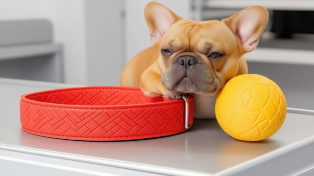 Playful french bulldog puppy with red collar and yellow ball on table