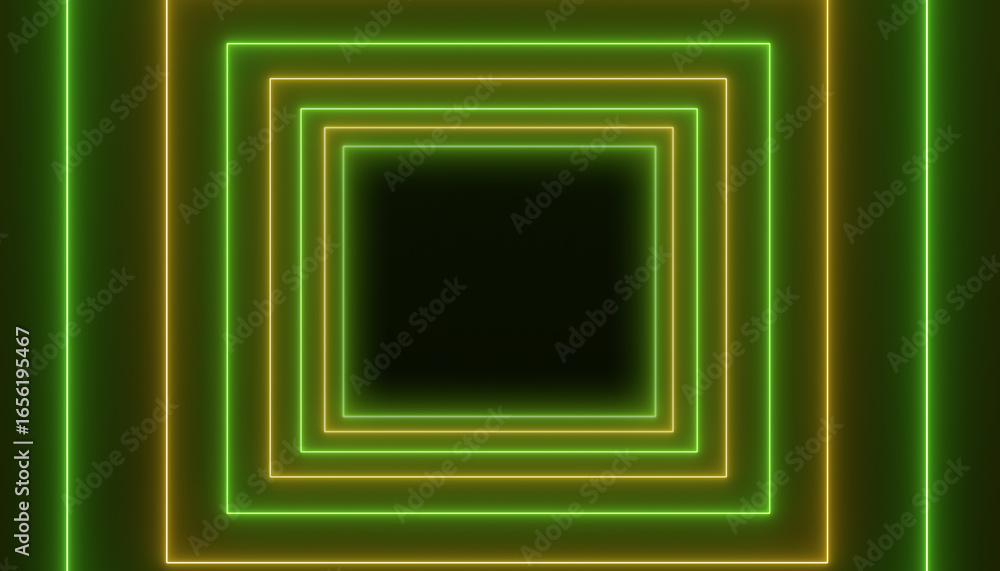 Poster illustation of abstract glowing motion design with green and yellow neon cubes - abstract background