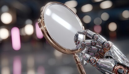 Futuristic robot hand examines a round mirror