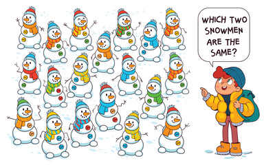 Find the Matching. Winter-themed puzzle for kids: find the two identical snowmen among many. Great for developing attention, visual perception, and matching skills through playful observation.