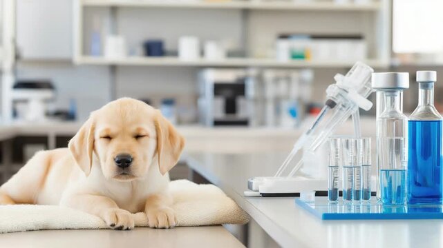 Curious puppy in modern laboratory explorers science instruments and environment