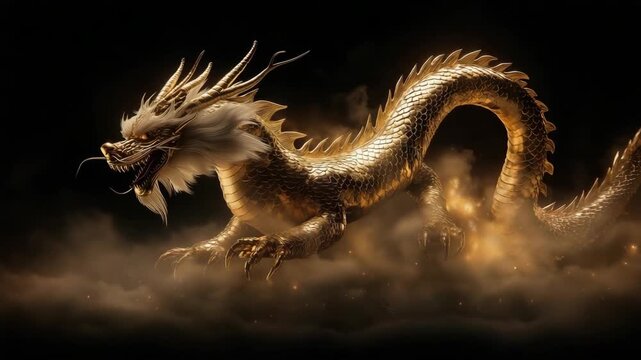 Majestic golden dragon glides through roiling clouds in mythical dance