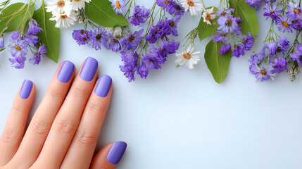 Elegant hand with lavender nail polish resting on a soft blue surface surrounded by delicate purple and white flowers, creating a serene and stylish atmosphere