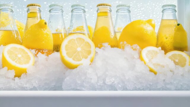 Refreshing lemon and sparkling water bottles in ice for summer chill