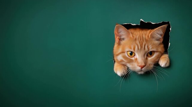 Curious ginger cat exploring a hole in vibrant green background
