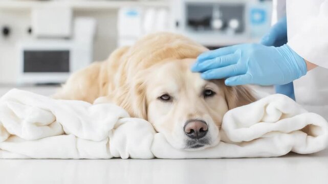 Gentle veterinary care: veterinarian comforting a resting dog with calming pet massage