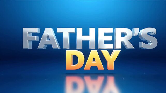 Celebrate Fathers Day with this Stunning 3D Text Animation featuring Glossy Silver and Golden Letters on a Beautiful Blue Reflective Surface for a Joyful Tribut
