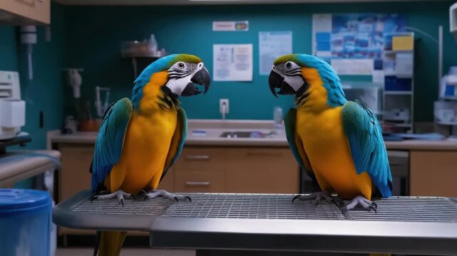 Colorful macaws engaging in social interaction on a lab table in a veterinary setting