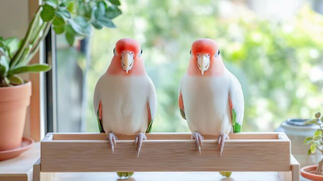 Vibrant lovebirds perched indoors amidst greenery and natural light