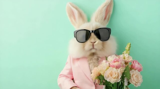Stylish rabbit in sunglasses holding flowers against pastel background with subtle movement