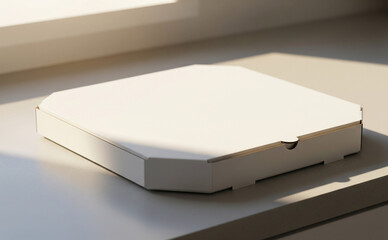 Closed Pizza Box On Kitchen Countertop With Soft Morning Light