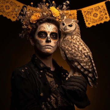 Young Catrin man with a serious and proud look carries in his gloved hands an owl that moves and raises its head, elegant Day of the Dead scene with golden colors, with makeup and a floral crown