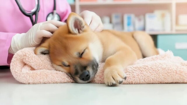 Puppy relaxing during veterinarian checkup with gentle petting in clinic setting
