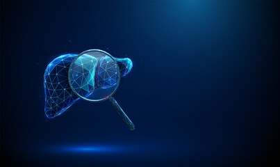 Abstract blue human liver with magnifying glass. Medical diagnostics and health concept, disease detection and analysis concept.