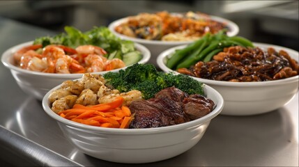A colorful variety of gourmet dishes showcases fresh shrimp, grilled chicken, and tender beef complemented by vibrant vegetables like broccoli and carrots, all presented in sleek bowls.