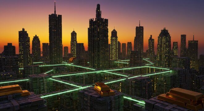 Futuristic city built on money stacks with glowing green network and gold bars