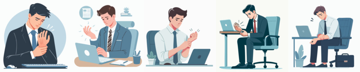 Flat Illustration Various Businessman Suffering from Office Syndrome and Pain Set