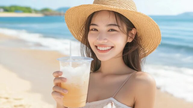 Young woman enjoying a refreshing drink by the beach on a sunny day
