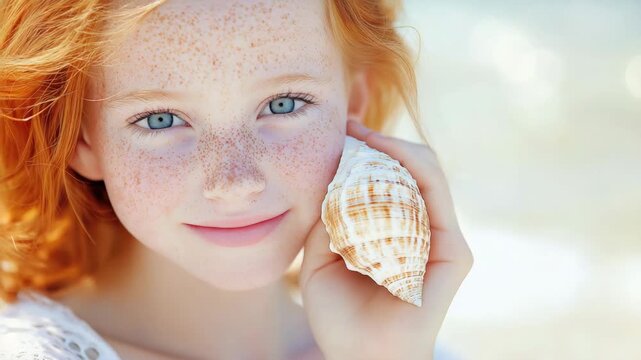 Joyful child listening to seashell on sunny beach with gentle waves