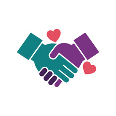 Two hands shaking with hearts symbolizing partnership and care isolated on white background