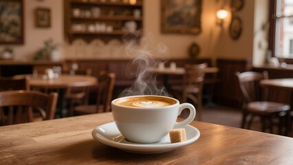 Hot Cappuccino with Latte Art in a Cozy Coffee Shop