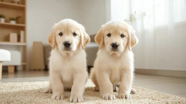 Adorable golden retriever puppies playing and sitting on carpet in cozy room