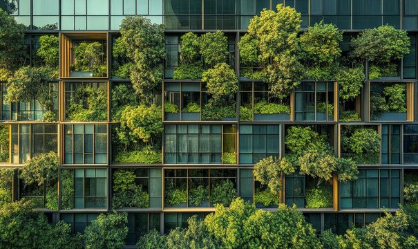 Corporate building faade reflecting green trees, representing the integration of ESG (Environmental, Social, Governance) principles into business practices. This visual underscores, Generative AI