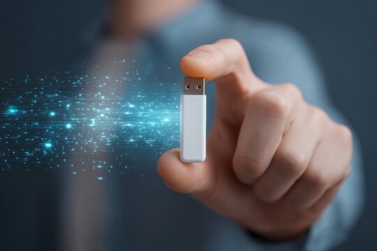 An entrepreneur grasps a usb flash drive featuring a futuristic glowing circuit board effect